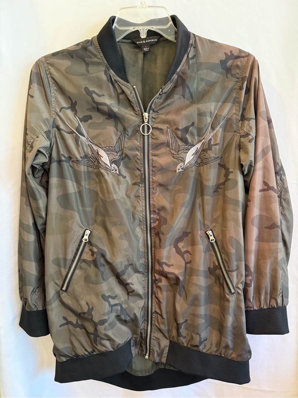 Rock & Republic Green Camo Bomber Jacket with Swallow Embroidery